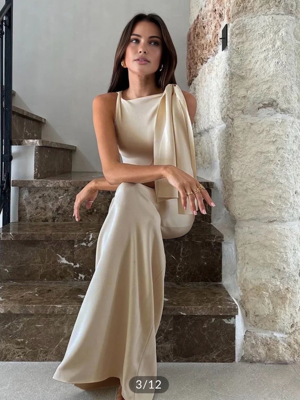 Commense Champagne One-Shoulder Satin Gown - Picture 3 of 4